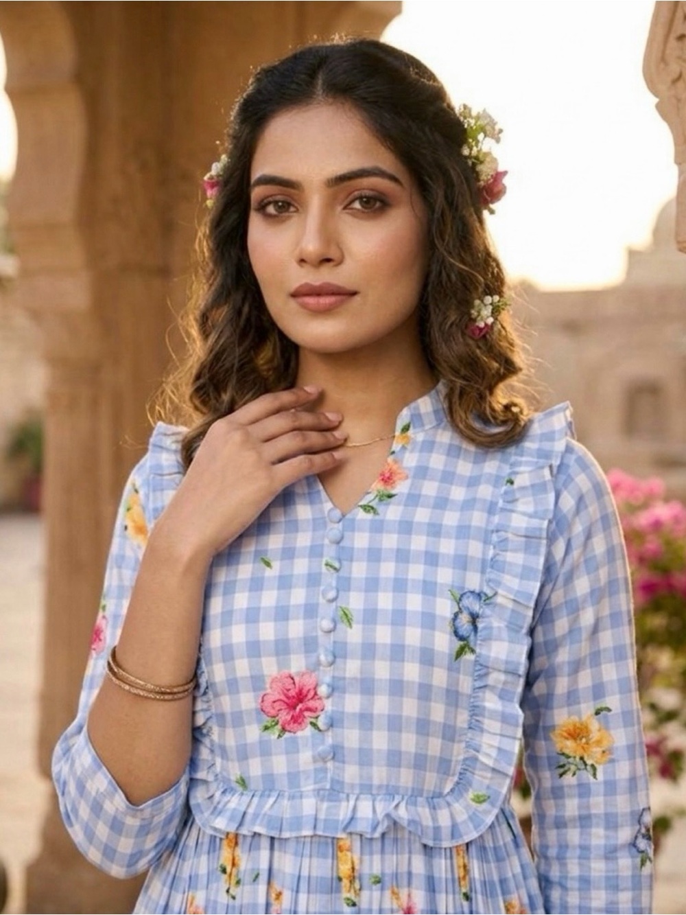 Light Blue Gingham Midi Dress with Floral Print - Picture 4 of 6